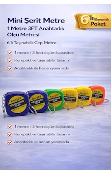 Mini Şerit Metre 1 Metre 3ft Anahtarlık Ölçü Metresi Taşınabilir Cep Metre 6 Adet