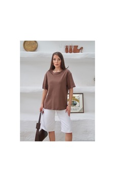 Paw Garage Kadın Mia İnterlok Kumaş Bisiklet Yaka Oversize T-shirt Kahverengi Paw Garage Kadın Mia İnterlok Kumaş Bisiklet Yaka Oversize T-shirt Kahverengi