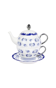 Vintage Mavi Çiçekli Çay Seti, Puantiyeli Porselen 450 Ml Çaydanlık, 220 Ml Fincan
