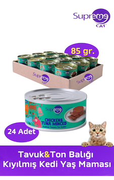 Supreme Cat Tavuk & Ton Balığı Kıyılmış Konserve Kedi Yaş Maması 24 x 85 G Supreme Cat Tavuk & Ton Balığı Kıyılmış Konserve Kedi Yaş Maması 24 x 85 G