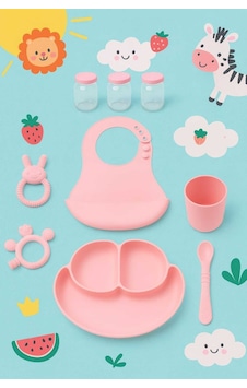 Bebek Beslenme Seti Pembe 9 Parça Silikon Mama Seti Bpa Sız