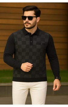 Kemal Ekinci Polo Yakalı Cepli Kazak Siyah Kemal Ekinci Polo Yakalı Cepli Kazak Siyah