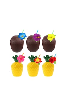 Ananas &amp Hindistan Cevizi Tasarımlı Pipetli Bardak Seti Tdrtr