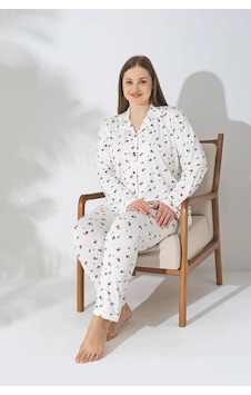 Pijamerry Büyük Beden Uzun Kol Milan Kumaş Pijama Takımı Desenli Beyaz Pijamerry Büyük Beden Uzun Kol Milan Kumaş Pijama Takımı Desenli Beyaz