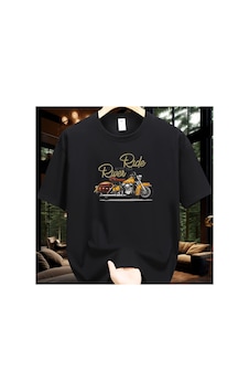 Caddemia Yaz Moda Rahat Gevşek Büyük Boy Klasik Motosiklet Desen Baskılı Yuvarlak Yak Siyah 2XL Caddemia Yaz Moda Rahat Gevşek Büyük Boy Klasik Motosiklet Desen Baskılı Yuvarlak Yak Siyah 2XL