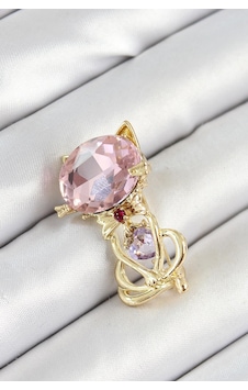 Pembe Zirkon Taşlı Kap Detaylı Kedi Figürlü Gold Renk Kadın Broş Altın