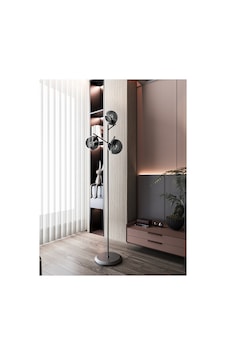 Aura 3'lü Siyah Metal Füme Cam Küre Lambader - Metal Gövdeli Modern Yer Lambası