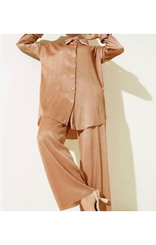 Lovie Moda Kadın Saten Görünümlü Fitilli İkili Takım Bej Lovie Moda Kadın Saten Görünümlü Fitilli İkili Takım Bej