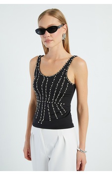 Fullamoda Taş İşlemeli Kalın Askılı Slim Fit Bluz Siyah