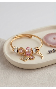 Kalp Model Gold Renk Pembe Charmlı Bileklik Çok Renkli