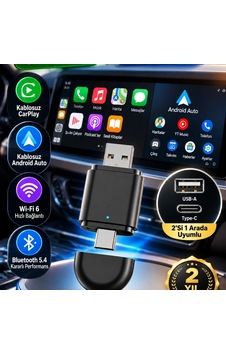 Kablosuz Carplay Ve Android Auto Adaptörü Usb-a & Type-c, Bluetooth 5.4, Wi-fi 6 Kablosuz Carplay Ve Android Auto Adaptörü Usb-a & Type-c, Bluetooth 5.4, Wi-fi 6