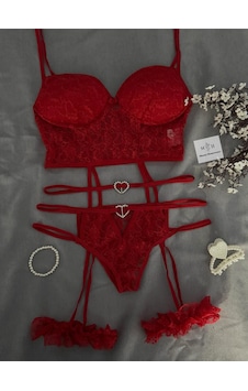 Mh Moony Homewears İstin Kırmızı Taş Detaylı Jartiyer Set Kırmızı