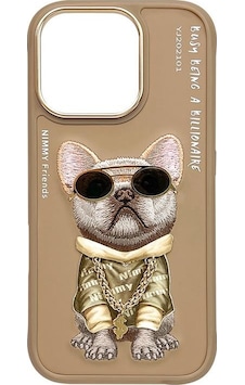 Apple Uyumlu iPhone 16 3d Gerçek Nakış İşlemeli Gözlük Zincir Aksesuarlı Little Hipster Man Köpekli Kılıf Şeffaf