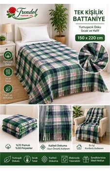 Tek Kişilik Battaniye 150x220 Cm %70 Pamuk %30 Polyester Yumuşak Dokulu Sıcak Tutucu Ekose Battaniye Haki Haki