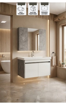 Retro 80 Cm Lavabolu, Aynalı Banyo Dolabı, Retro Gümüş-beyaz, Seramik Lavabo Dahil