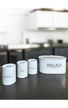 4 Lü Ekmeklik Set Metal Kapak Çay Kahve Şeker Tezgah Üstü Dolap İçi Set Saklama Kabı Byz-byz Beyaz