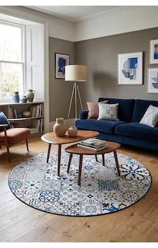 Frenda Home Çini Desenli Pamuk Taban Yıkanabilir Baskılı Yuvarlak Halı Mavi Frenda Home Çini Desenli Pamuk Taban Yıkanabilir Baskılı Yuvarlak Halı Mavi