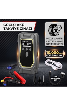 10.000 Mah Taşınabilir Akü Takviye Jump Starter Ve Lastik Şişirme Pompası Kompresör - 12v 7.0l Benzin / 5.5l Dizel Uyumlu 10.000 Mah Taşınabilir Akü Takviye Jump Starter Ve Lastik Şişirme Pompası Kompresör - 12v 7.0l Benzin / 5.5l Dizel Uyumlu