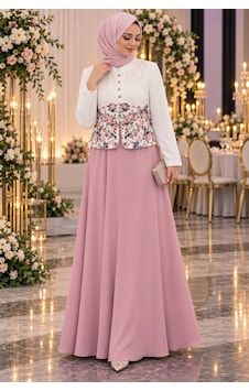 Gül&can Butik Pudra Pembe Çiçek Desenli Tesettür Abiye Zarif & Şık Pembe