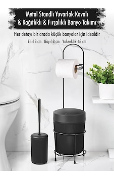 Metal Standlı Yuvarlak Kovalı & Kağıtlıklı & Fırçalıklı Siyah Banyo Takımı Ahşap - Altın Metal Standlı Yuvarlak Kovalı & Kağıtlıklı & Fırçalıklı Siyah Banyo Takımı Ahşap - Altın