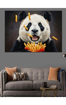 Patates Kızartması Yiyen Komik Panda Dekoratif Kanvas - Mdf Ahşap Tablo