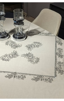 Doğal Pamuk Keten Kare Masa Örtüsü - 155x155 Cm, El Baskılı Şık Tasarım Beyaz - 677356837 Beyaz