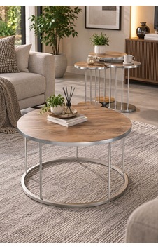 Sulorahome Ceviz Desenli Kahverengi 4'lü Sehpa Seti Gümüş Metal Ayaklı Sulorahome Ceviz Desenli Kahverengi 4'lü Sehpa Seti Gümüş Metal Ayaklı