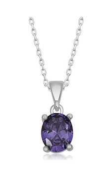 Gümüş Mor Kristal Oval Taşlı Kadın Kolye Gümüş Mor Kristal Oval Taşlı Kadın Kolye