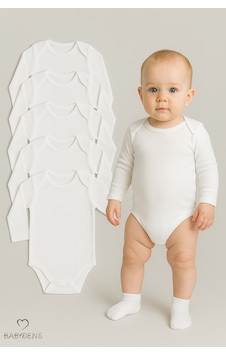 Babyden's 5 Li Set Uzun Kollu Bebek Zıbın Beyaz %100 Pamuk Çıtçıtlı Body Unisex 0-24 Ay İç Giyim Beyaz