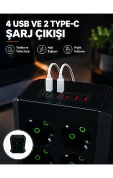 Hubrendy Tekno 8'li Dikey Çoklu Priz 4 Usb 2 Type-c Akım Korumalı Anahtarlı Priz 0 Hubrendy Tekno 8'li Dikey Çoklu Priz 4 Usb 2 Type-c Akım Korumalı Anahtarlı Priz 0