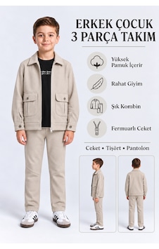 Ahengim Erkek Çocuk 3 Parça Takım Dokulu Fermuarlı Ceket Baskılı Tişört Ak6245 KREM Ahengim Erkek Çocuk 3 Parça Takım Dokulu Fermuarlı Ceket Baskılı Tişört Ak6245 KREM