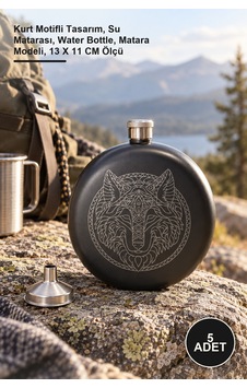 5 Adet Hunili Matara Kurt Motifli Tasarım, Su Matarası, Water Bottle, Matara Modeli, 13 X 11 Cm Ölçü