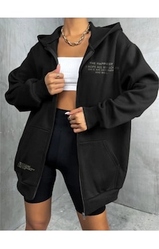 Altamira Unisex Siyah Happiest Baskılı Ince Mevsimlik Kapşonlu Oversize Hırka 001 Altamira Unisex Siyah Happiest Baskılı Ince Mevsimlik Kapşonlu Oversize Hırka 001