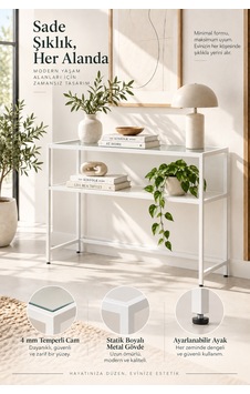 Modern 2 Katlı Beyaz Renk Metal İskeletli Cam Raflı Dresuar Konsol Modern 2 Katlı Beyaz Renk Metal İskeletli Cam Raflı Dresuar Konsol