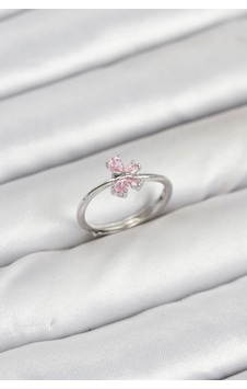 Pirinç Gümüş Renk Pembe Kelebek Kadın Yüzük Pirinç Gümüş Renk Pembe Kelebek Kadın Yüzük