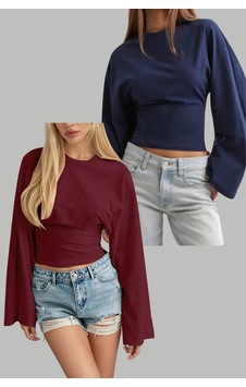 Blue Street Kadın Uzun Kollu Belden Oturtmalı Bluz Bordo - Lacivert Bordo - Lacivert