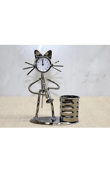 Metal Saksafon Çalan Kedi Müzisyen Saat Ve Kalemlik Alk4346 - 9011033942077ynt Çok Renkli