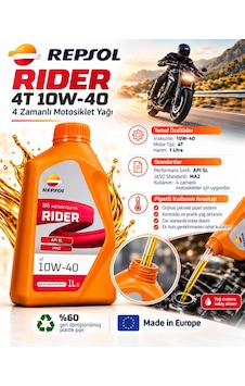 Repsol Rider 4t 10w-40 Motosiklet Motor Yağı 1 Litre Çekmeli Pipetli Kolay Dolum Jaso Ma2 Repsol Rider 4t 10w-40 Motosiklet Motor Yağı 1 Litre Çekmeli Pipetli Kolay Dolum Jaso Ma2