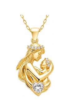 Gümüş Anne Bebek Figürlü Kalp Taşlı Gold Kolye Gri Gümüş Anne Bebek Figürlü Kalp Taşlı Gold Kolye Gri
