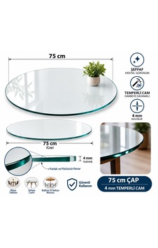 Masa Camı, Şeffaf Cam, Yuvarlak Cam, Masa Üstü Cam, 4mm Temperli Cam Çap 75 Cm