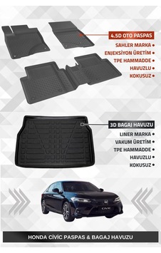 Sahler Honda Civic 2021+ Uyumlu 4.5d Premium Havuzlu Oto Paspas Ve Liner Marka 3d Bagaj Havuzu - Civ