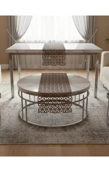 Salon Takımı 5 Parça Dantel Masa Örtüsü Runner Seti Kahverengi Angles Model No 856