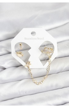 Pirinç Gold Renk Uzay Model Zincir Bağlantılı Ear Cuff Küpe Seti - Çok Renkli Pirinç Gold Renk Uzay Model Zincir Bağlantılı Ear Cuff Küpe Seti - Çok Renkli
