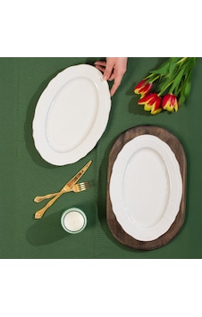 Porsima 4446 Tiffany Porselen Platin Fileli Kayık Tabak Seti - Oval Kahvaltılık Sunumluk Seti 30cm Beyaz