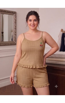 Büyük Beden Askılı Şortlu Likralı Pamuklu Kumaş Pijama Takım Kahverengi Büyük Beden Askılı Şortlu Likralı Pamuklu Kumaş Pijama Takım Kahverengi