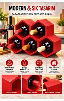 Kırmızı Modern Şarap Stand 5 Hazneli Şık Tasarım Şarap Şişe Organizer Stand