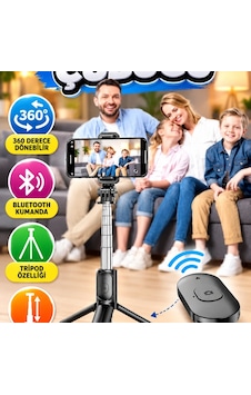 Bluetooth Kumandalı 360 Derece Dönebilen Tripod Özellikli Selfie Çubuğu Siyah Bluetooth Kumandalı 360 Derece Dönebilen Tripod Özellikli Selfie Çubuğu Siyah