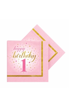 1 Yaş Doğum Günü Pembe Peçete Happy Birthday 1 Yazılı Gold Detaylı Parti Peçetesi 20 Adet