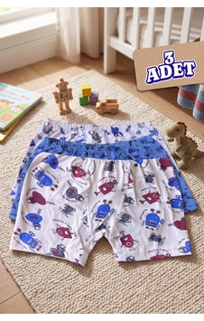 Andredimoda Erkek Çocuk Boxer Pamuklu Desenli Boxer 3'lü Paket Lacivert Lacivert