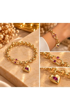 Kalp Sallantılı Paslanmaz Çelik Altın İşçiliği Bileklik Gold Kalp Sallantılı Paslanmaz Çelik Altın İşçiliği Bileklik Gold